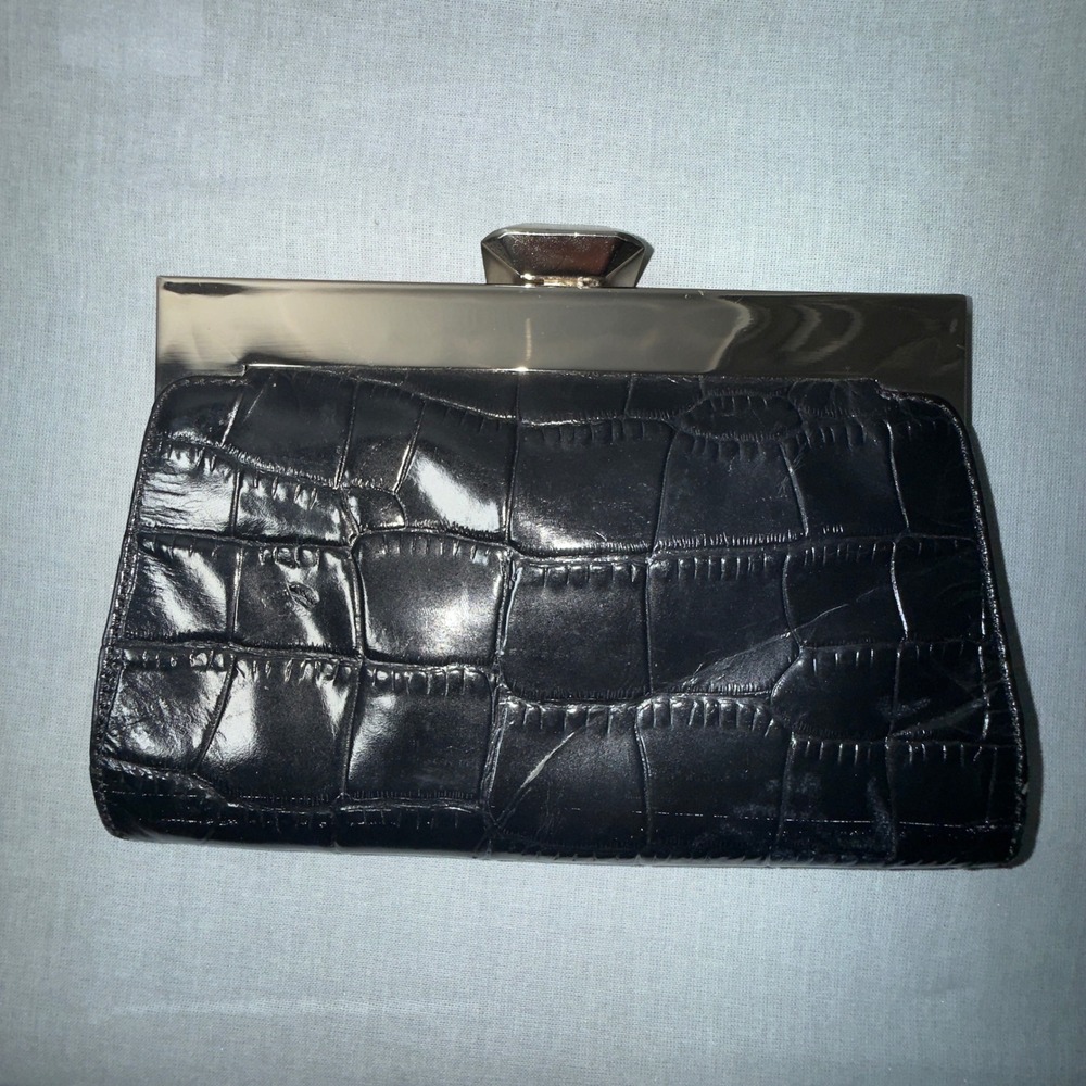Ann Taylor‎ Clutch Womens OS Black Good Croc Embossed Faux Leather Frame Bag
